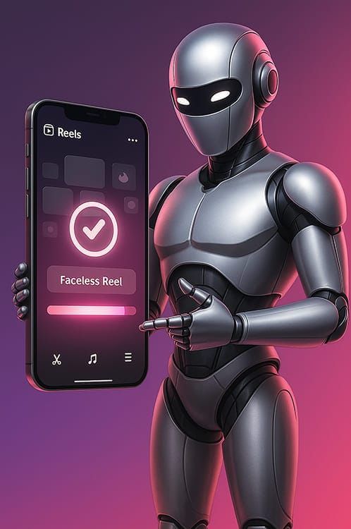 KI-Agent als silberner Roboter mit Smartphone zeigt Faceless Reel App auf pinkviolettem Hintergrund