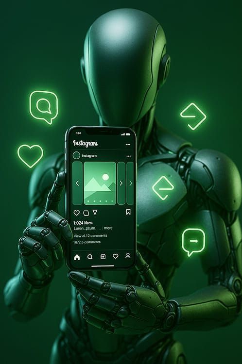 KI-Agent als grüner Roboter mit Smartphone zeigt Instagram Carousel Post auf grünem Hintergrund