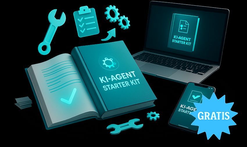KI-Agent Starterkit Mockup mit offenen Büchern, Laptop und Werkzeugen auf schwarzem Hintergrund