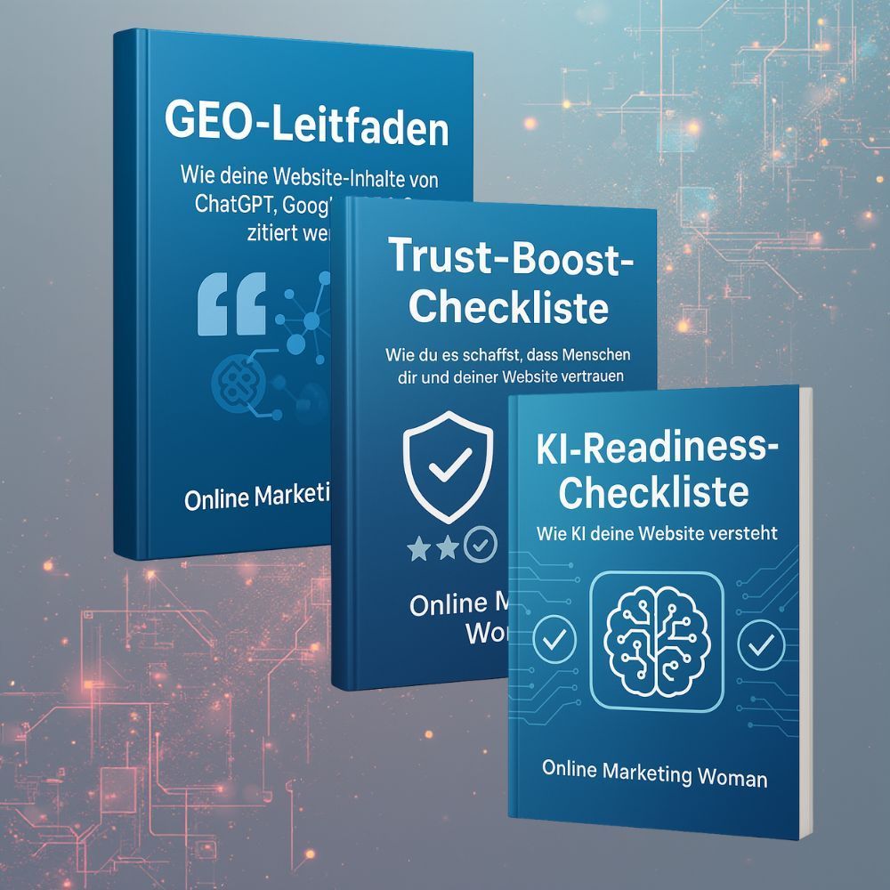 KI-Sichtbarkeits-Bundle Mockup mit drei Guides: GEO-Leitfaden, Trust-Boost-Checkliste und KI-Readiness-Checkliste auf technol