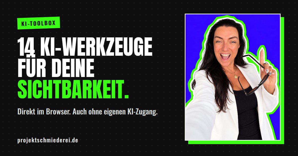 Hero-Banner KI-Toolbox mit Sabrina Fischäß vor violettem Hintergrund, grüner Neon-Rahmen, Brille in der Hand