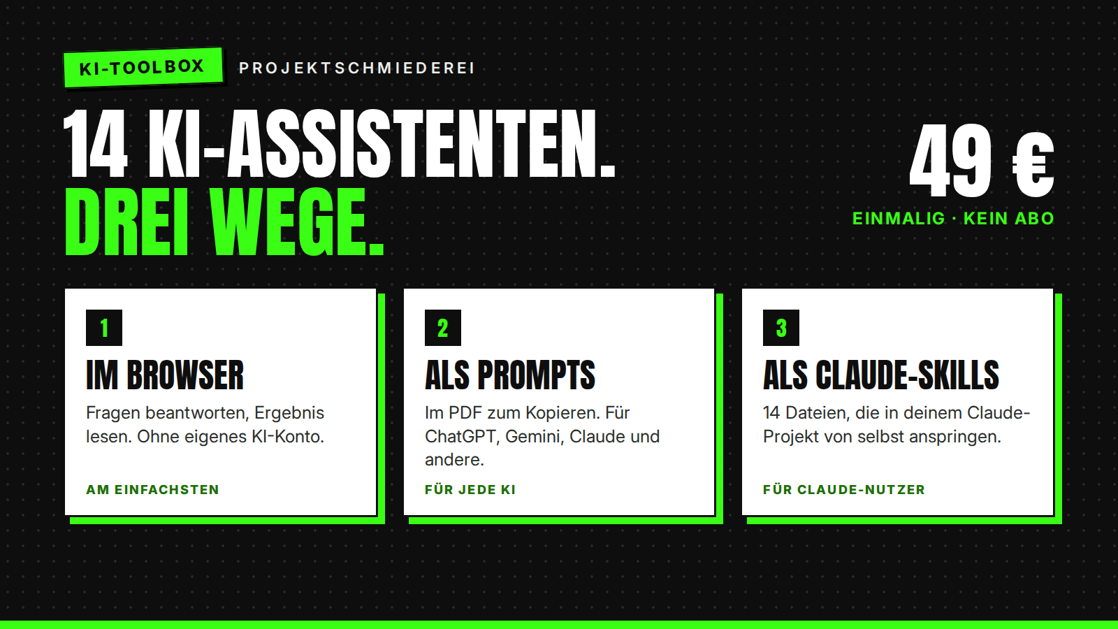 Hero-Banner mit drei Features der KI-Toolbox: Im Browser, Als Prompts, Als Claude-Skills für 49€ Einmalzahlung