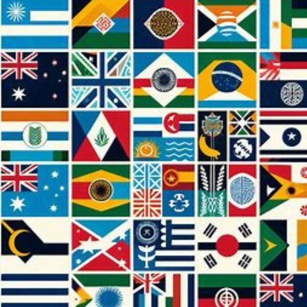Collage mit verschiedenfarbigen Flaggen von Ländern und Regionen aus aller Welt