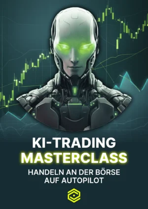 KI-Trading Masterclass: Androider Kopf mit leuchtend grünen Augen und Börsen-Charts im Hintergrund