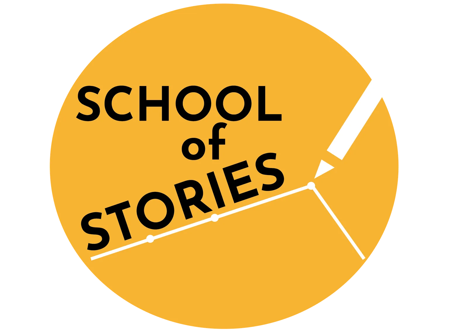School of Stories Logo Variante großflächig in Gelb mit schwarzer Schrift und weißen geometrischen Formen