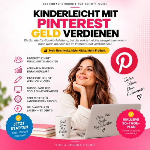 Pinterest Geld verdienen Kurs-Cover mit Frau am Laptop, Schritt-für-Schritt-Guide, Digistore24
