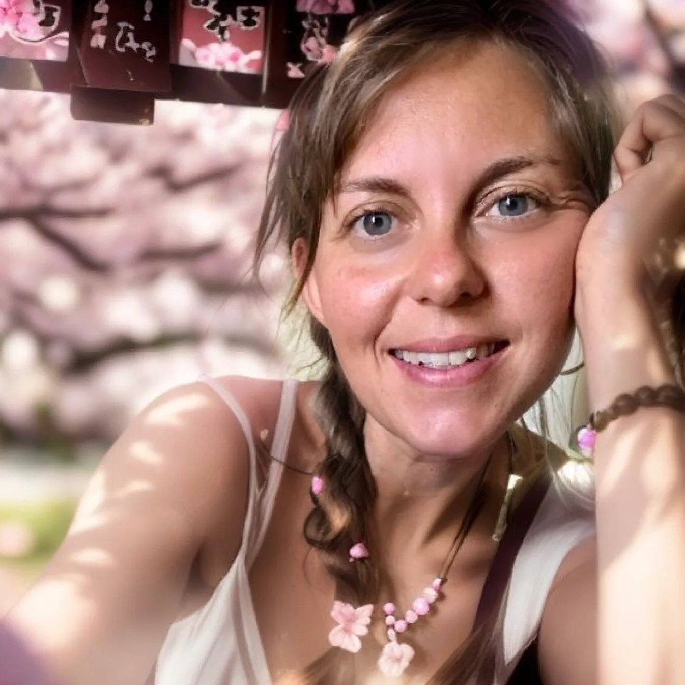Frau mit braunen Haaren, blauem Auge und rosa Blumenkette lächelt in die Kamera, Kirschblüten im Hintergrund