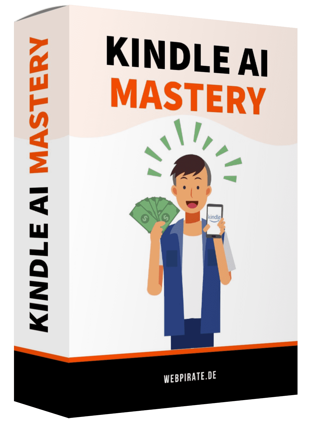 Kindle AI Mastery – E-Book zum KI-Buchpublishing 2 Kindle AI Mastery Produktbox mit Orange-Schwarz-Design und Mann mit Geld und Kindle-Gerät