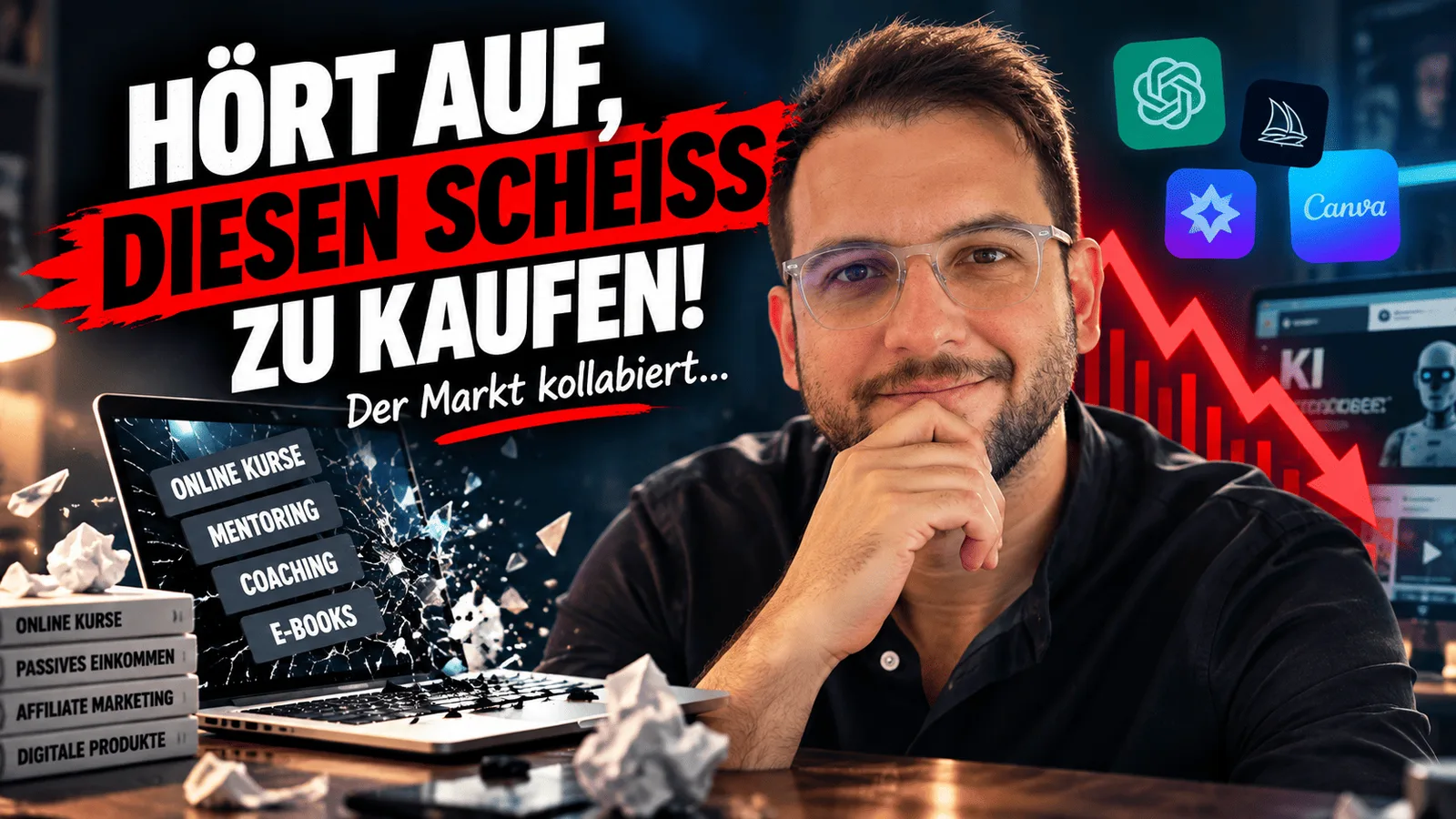 Kindle AI Mastery – E-Book zum KI-Buchpublishing 5 Mann mit Brille sitzt am Schreibtisch, skeptischer Gesichtsausdruck, Text über Online-Marketing-Zusammenbruch