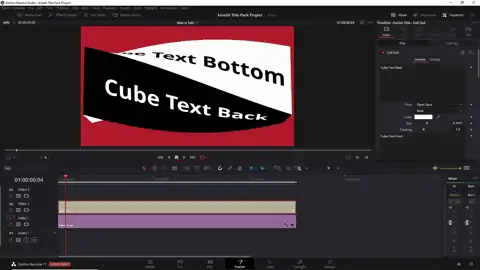 DaVinci Resolve Editor-Interface mit Cube Text 3D-Effekt in rotem Design