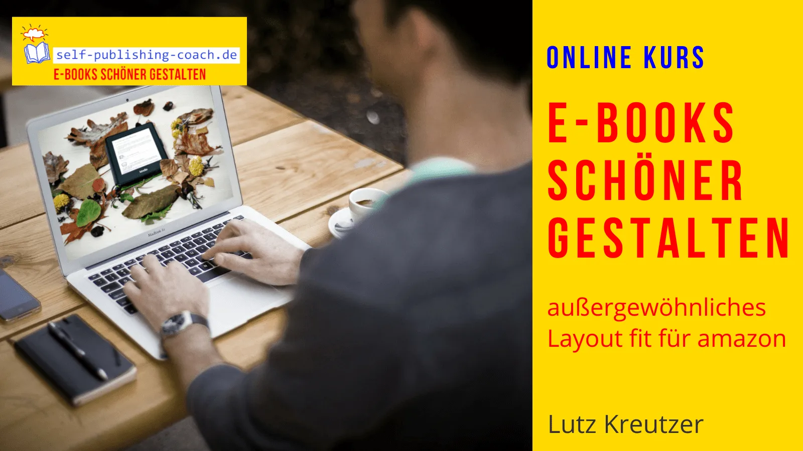 Online-Kurs E-Books schöner gestalten – Hände tippen auf Laptop mit Design-Elementen