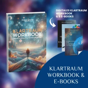 Klartraum Workbook Cover mit Titel und Autor Andreas Schwarz, zeigt Person in futuristischer Landschaft