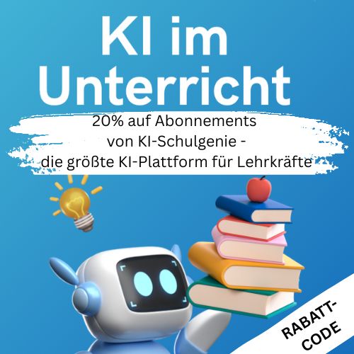 Produktbanner mit KI-Roboter und Bücherstapel auf blauem Hintergrund