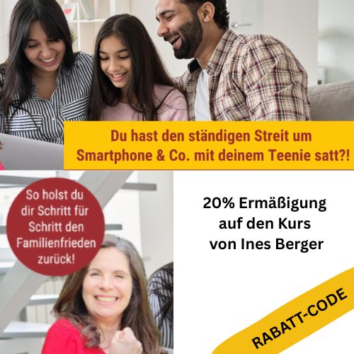 Rabatt-Code-Grafik mit Familie und Smartphone, 20% Ermäßigung auf Ines Berger Kurs