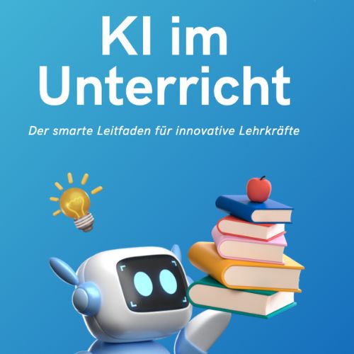 Produktbanner mit KI-Roboter und Bücherstapel auf blauem Hintergrund