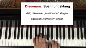 Klavierkurs-Modul 4: Dissonanz und Spannungsklang erklärt auf Klaviatur mit Händen