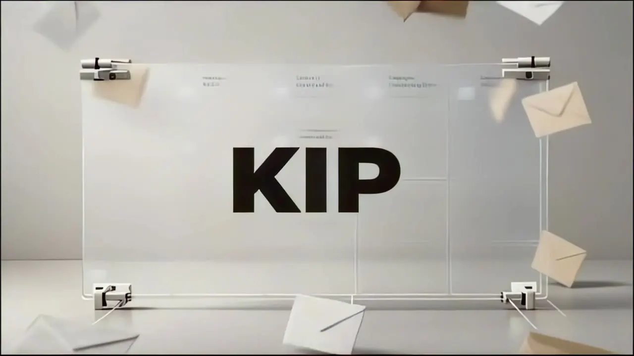 3D-Animation eines transparenten Whiteboards mit KIP-Logo und schwebenden Briefen als Videostandbild