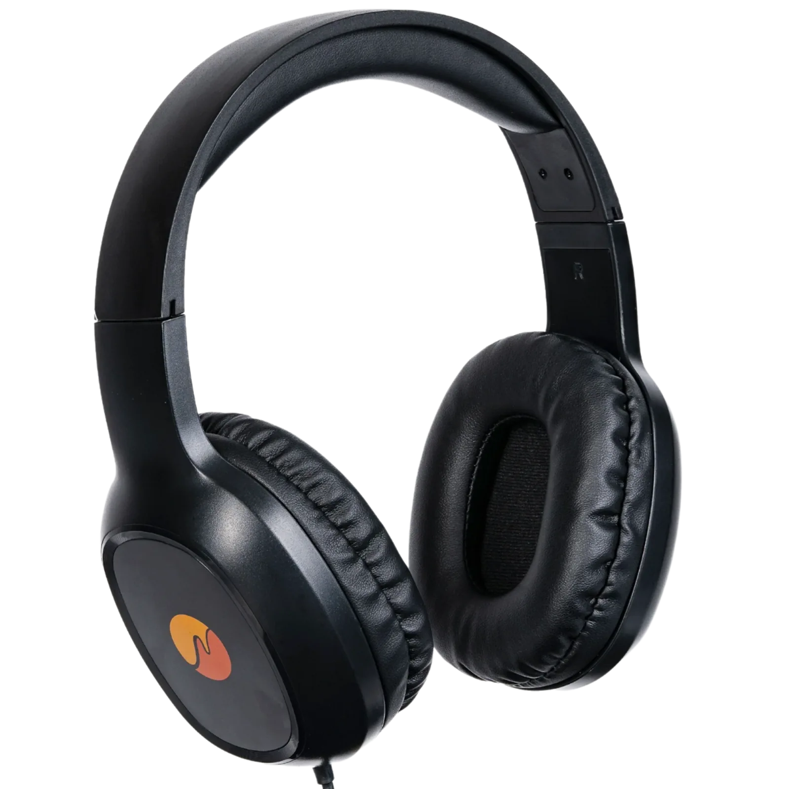 Klingende Zahnaffirmationen mit Solfeggio-Frequenzen 3 Schwarze Over-Ear-Kopfhörer mit orangem Logo auf weißem Hintergrund