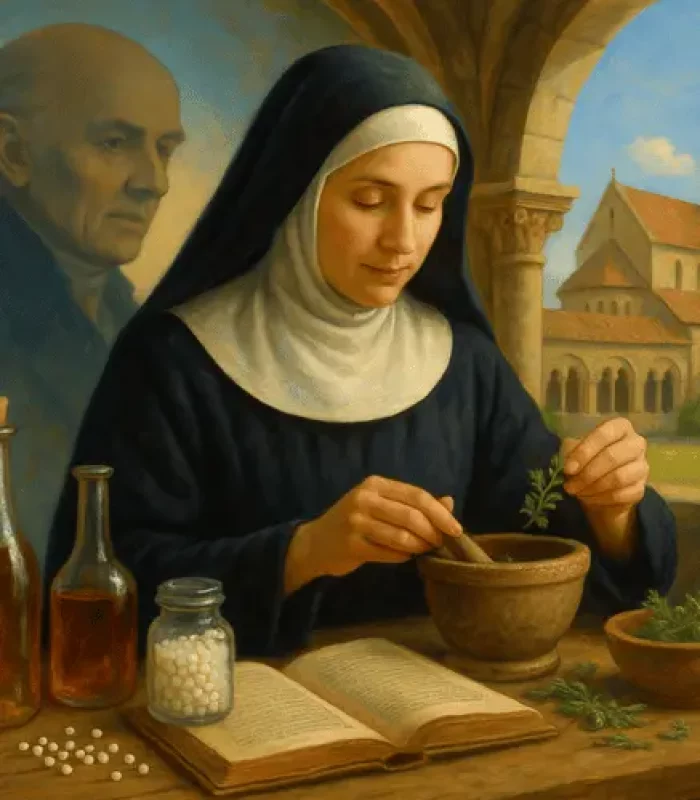 Nonne in Kloster mit Stössel und Mörser, Hahnemann im Hintergrund
