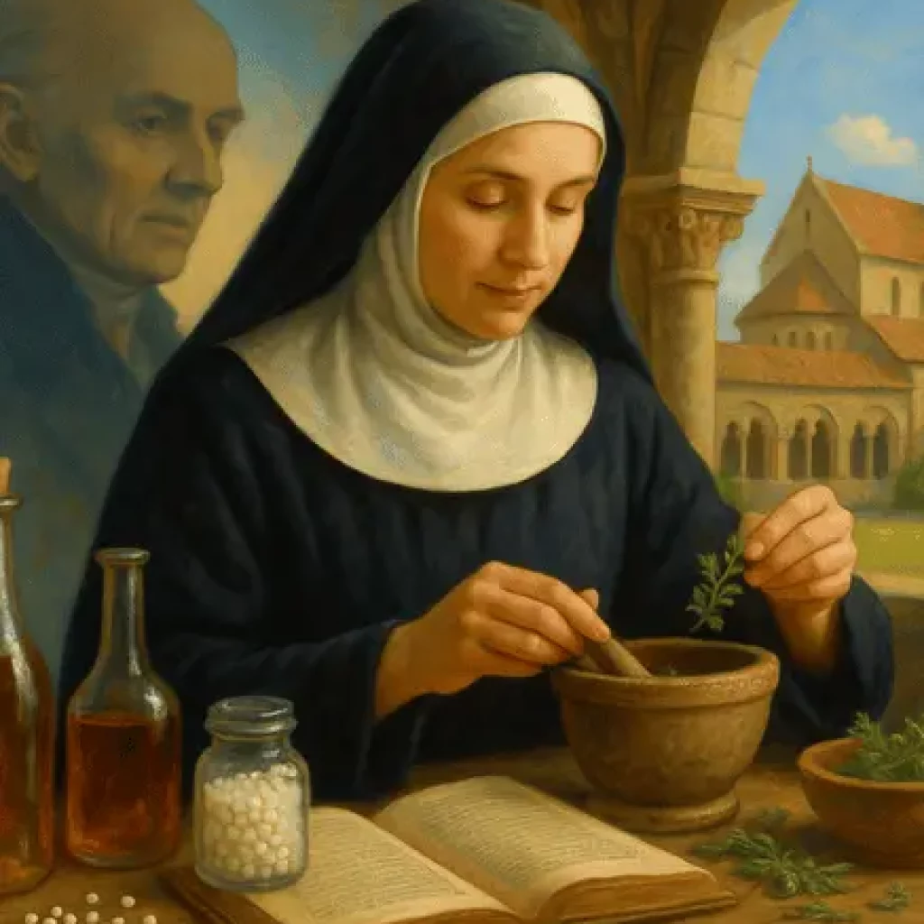 Nonne mit Stössel und Mörser im Kloster, Hahnemann im Hintergrund