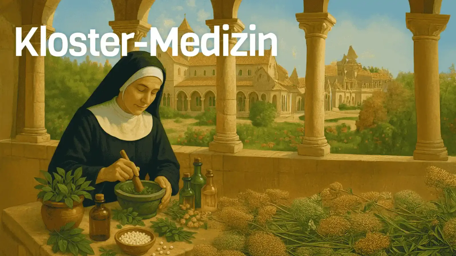 Hero-Banner Kloster-Medizin mit Nonne in mittelalterlichem Kloster beim Kräuterverarbeiten