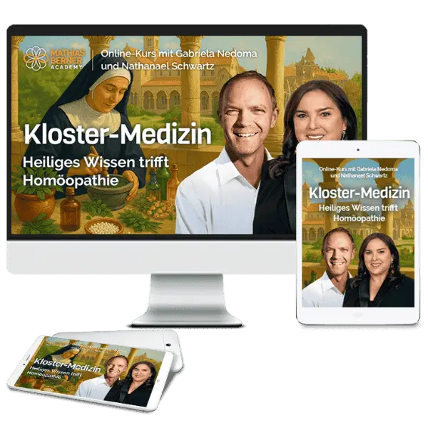 Mockup Kloster-Medizin Kurs auf Desktop, Tablet und Smartphone