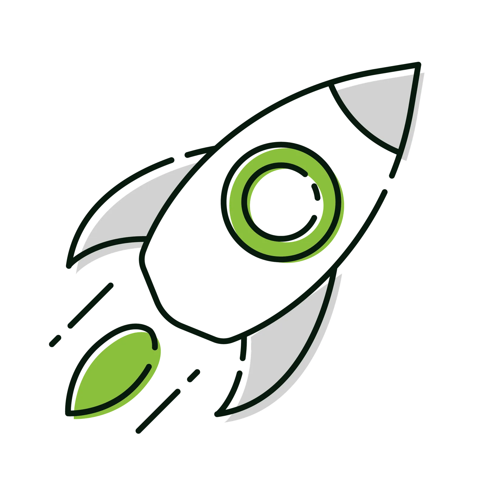 Icon Rakete mit grünem Loch und Flammen