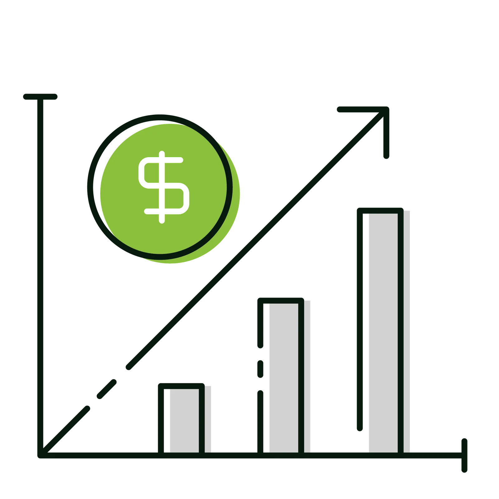 Icon Balkendiagramm mit aufwärts verlaufender Linie und Dollarcoin