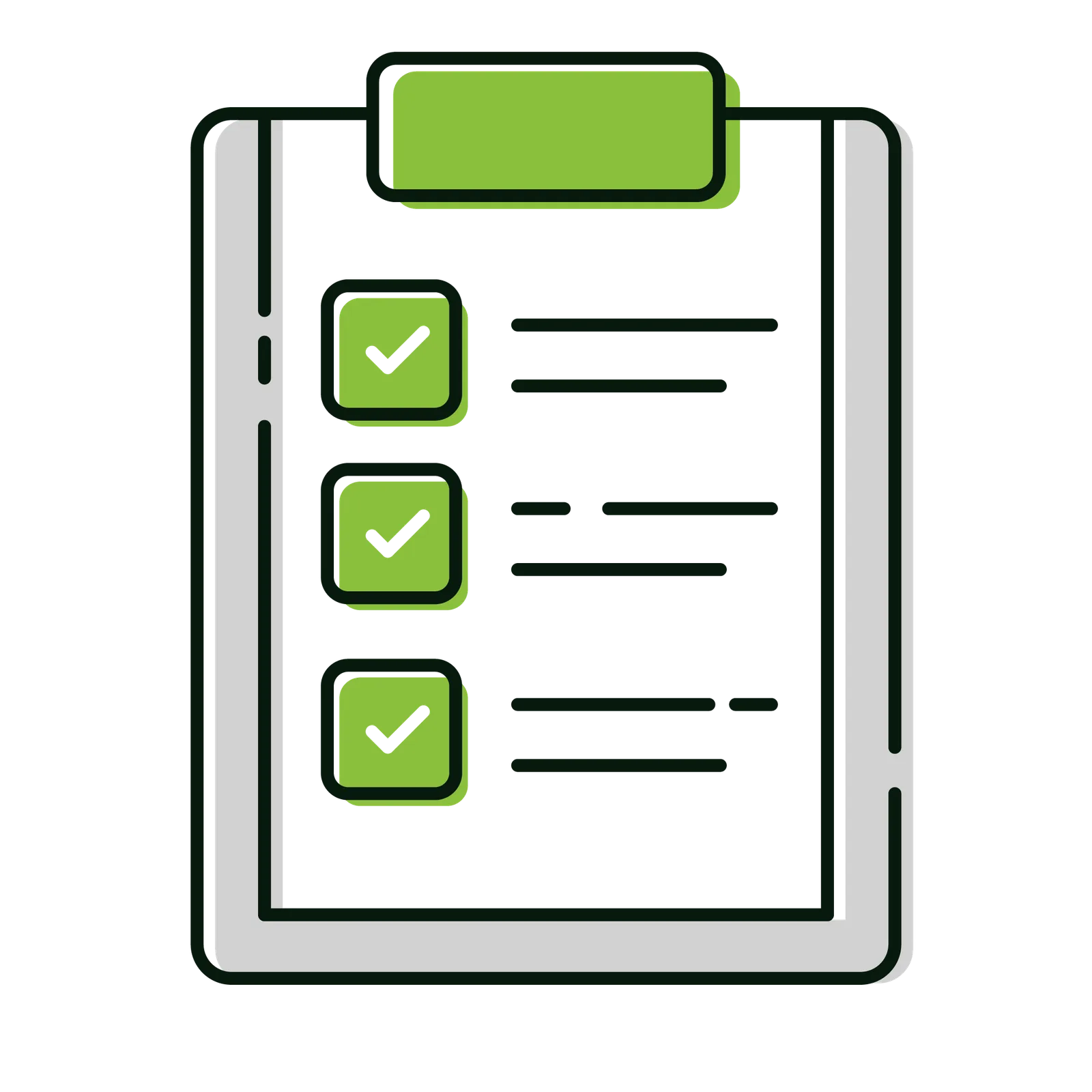 Icon Klemmbrett mit Checklisten und grünen Häkchen