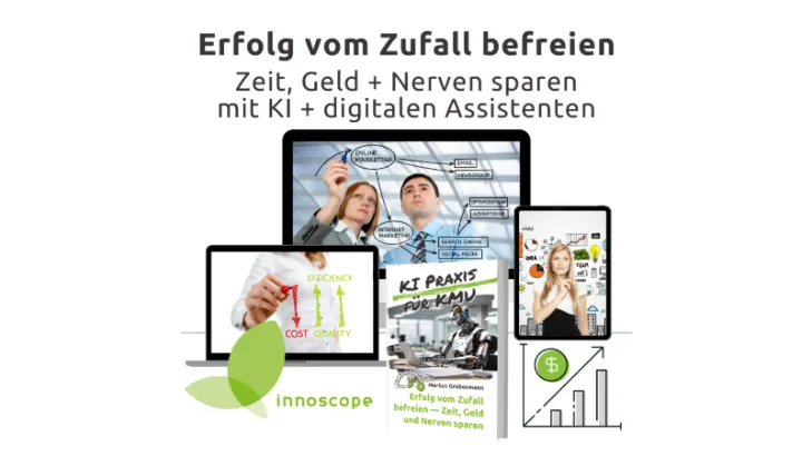 Hero-Grafik zum Buch KI Praxis für KMU mit Geräten und Innoscope-Logo