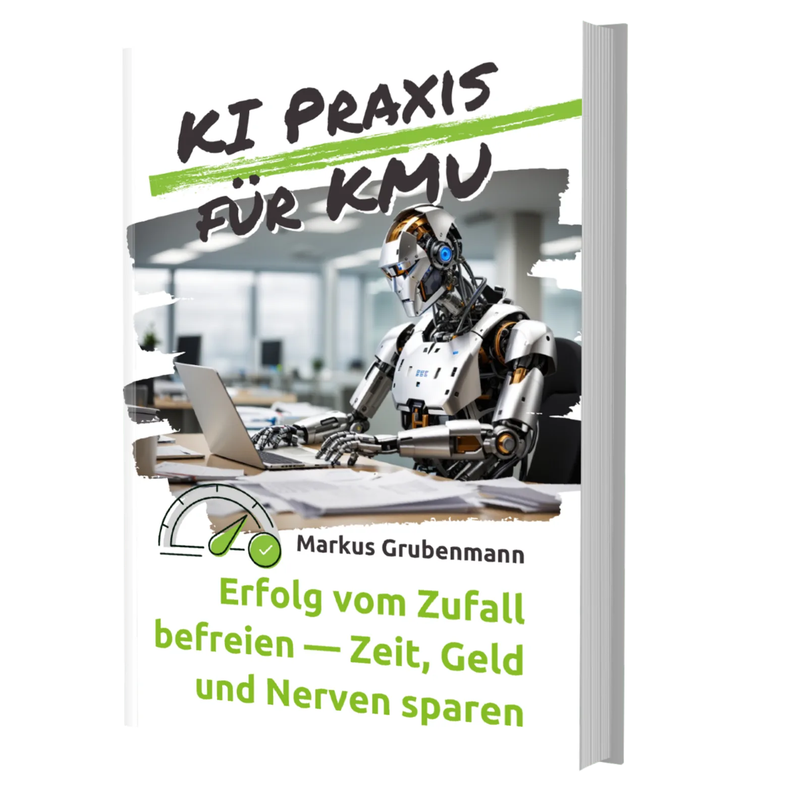 3D Buchcover KI Praxis für KMU mit Roboter am Laptop