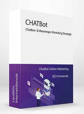 ChatBot Marketing Strategie Produktbox mit weißem Cover, violettem Paket-Design, Aufschrift ChatBot-Online-Marketing und SEO-