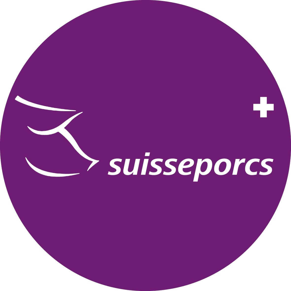 Suisseporcs Logo, weißes Schwein-Symbol und Schriftzug auf violettem Kreis-Hintergrund