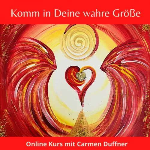 Rechteckiges Werbebild zum Online Kurs Komm in Deine wahre Größe mit rotem Band oben und unten, zentrales Kunstmotiv