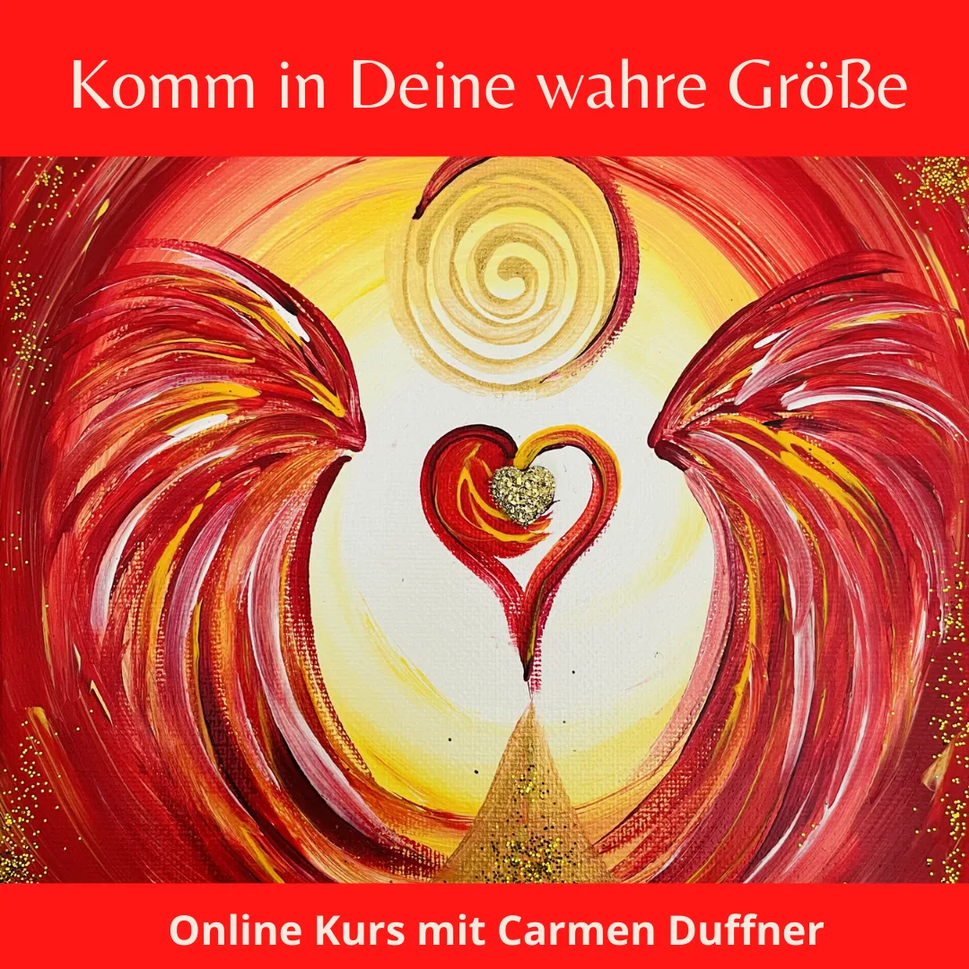 Quadratisches Social-Media-Bild zum Online Kurs Komm in Deine wahre Größe mit rotem Hintergrund, Herz- und Spiralenmotiven in