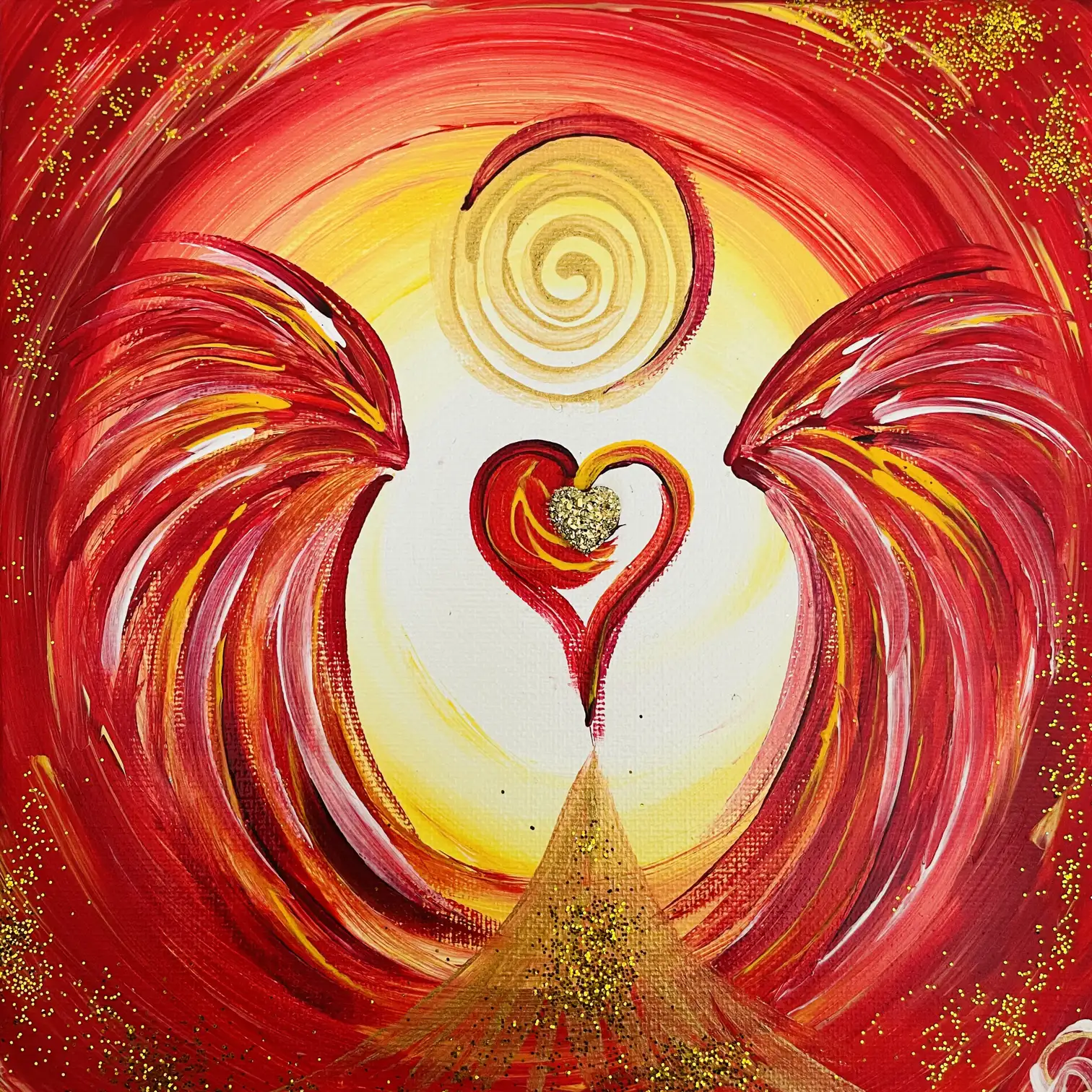 Hero-Bild zum Online Kurs mit großem Format, rotes und goldenes abstraktes Kunstwerk mit Herz, Spirale und Energiefigur