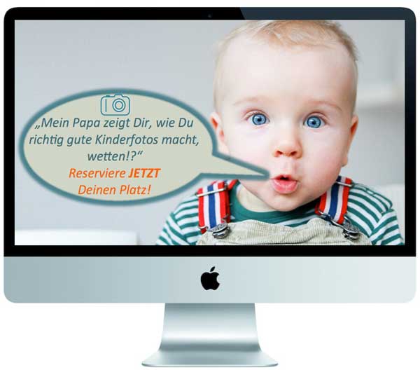 Webinar-Screenshot mit Säugling und Fotografietipps von Papa, Call-to-Action zum Platzreservieren