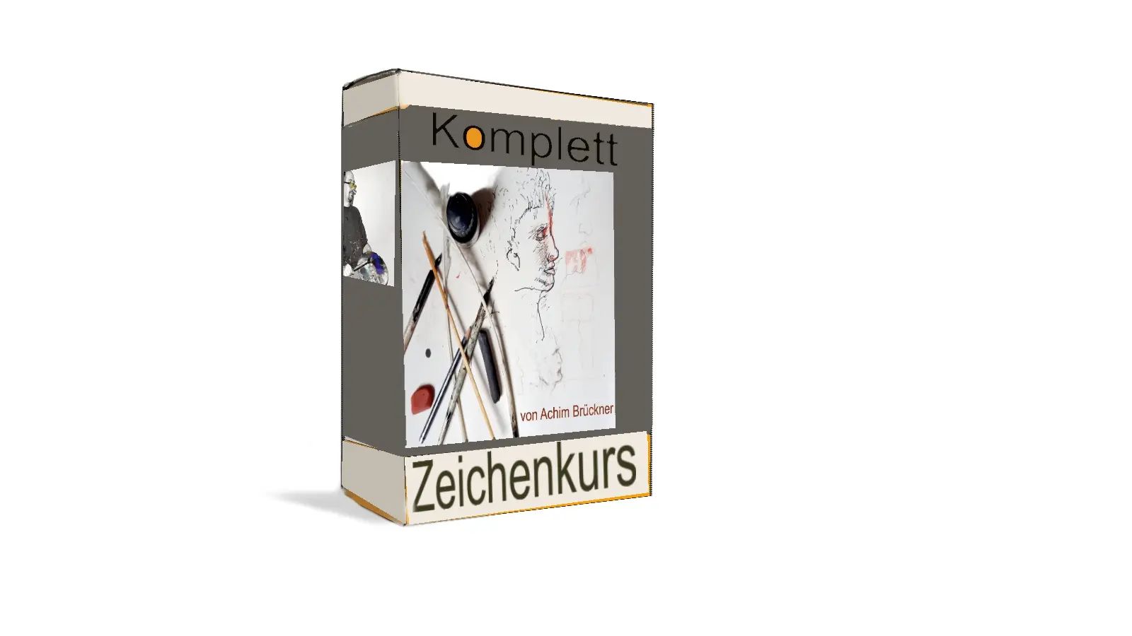 Produktbox des Komplett-Zeichenkurs von Achim Brückner mit Porträtzeichnung und Zeichenwerkzeugen