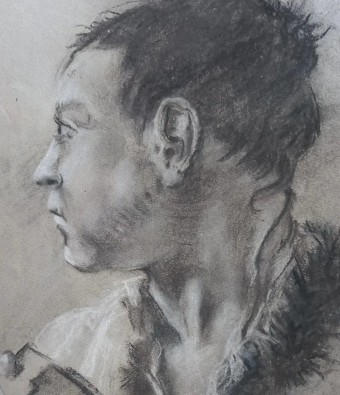 Portraitzeichnung eines Mannes im Profil mit Bleistift-Schraffur