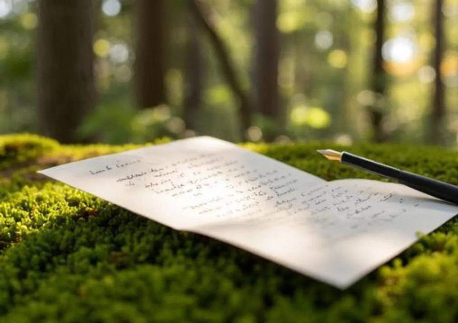 Handgeschriebener Brief mit Füllfeder auf Moos im Wald, waldige Kulisse unscharf