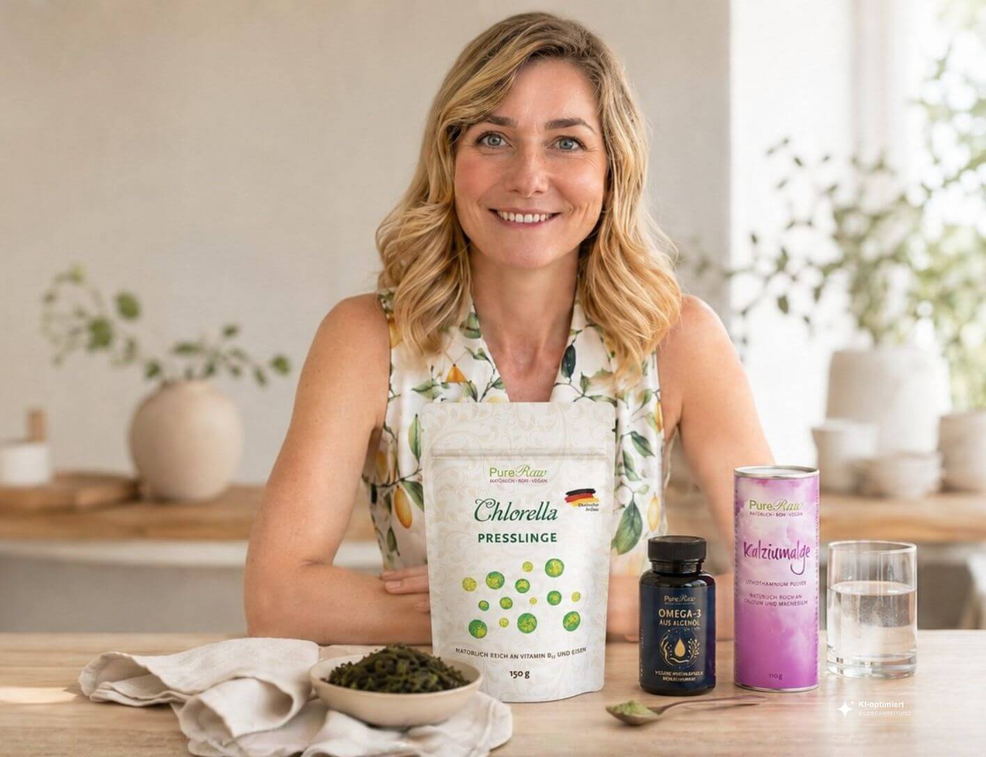 Kristin Knufmann mit Algenprodukten (Chlorella, Omega-3, Kalziumalge) am Schreibtisch
