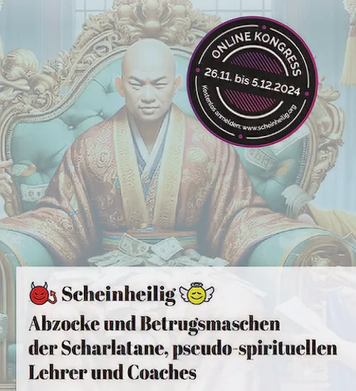Kongresspaket Entdeckerin: Abzocke – Kurs zu spiritueller Abzocke 1 Kongresspaket-Werbebanner mit asiatischer Figur auf Thron, Geldstapel und Kreis-Logo