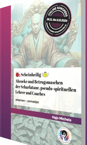 Kongresspaket Entdeckerin: Abzocke – Kurs zu spiritueller Abzocke 2 E-Book-Cover Kongresspaket mit Scheineilig-Logo, Shaolin-Mönch-Illustration und Kongressdaten