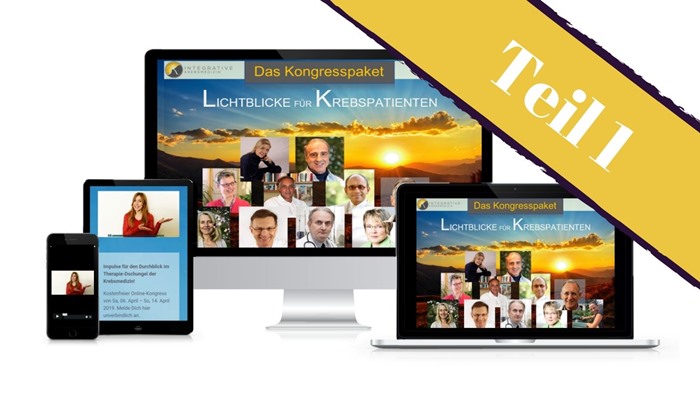 Kongresspaket Integrative Krebsmedizin – Teil 2 9 Kongresspaket Teil 1 Lichtblicke für Krebspatienten – Mockup auf mehreren Bildschirmen mit Sonnenaufgang-Hintergrundbild und
