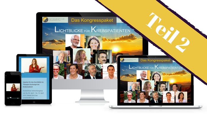 Kongresspaket Integrative Krebsmedizin – Teil 2 5 Mockup des Kongresspakets Teil 2 auf verschiedenen Geräten mit Sunset-Hintergrund und Speaker-Fotos