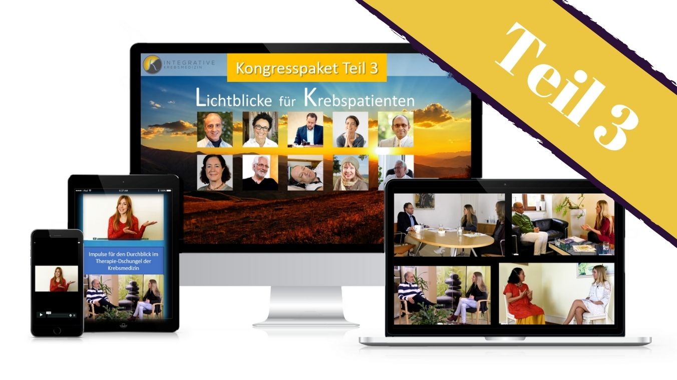 Kongresspaket Integrative Krebsmedizin – Teil 2 1 Kongresspaket Teil 3 Lichtblicke für Krebspatienten – Produktmockup mit Interviews und Seminarszenen auf verschiedenen Geräte