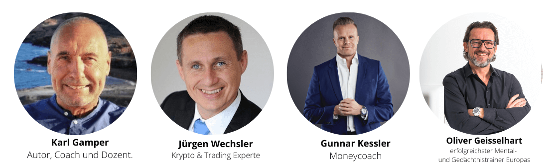 Kongresspaket Interviews – Videokurs zu innerer Freiheit 5 Vier Experten-Porträts: Karl Gamper, Jürgen Wechsler, Gunnar Kessler, Oliver Geisselhart mit Namen und Spezialgebiet