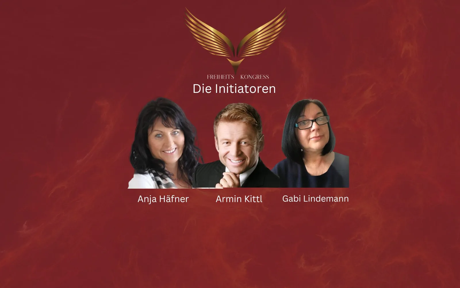 Kongresspaket Interviews – Videokurs zu innerer Freiheit 4 Hero-Banner zum Freiheitskongress mit den drei Initiatoren Anja Häfner, Armin Kittl und Gabi Lindemann auf rotem Hintergrund