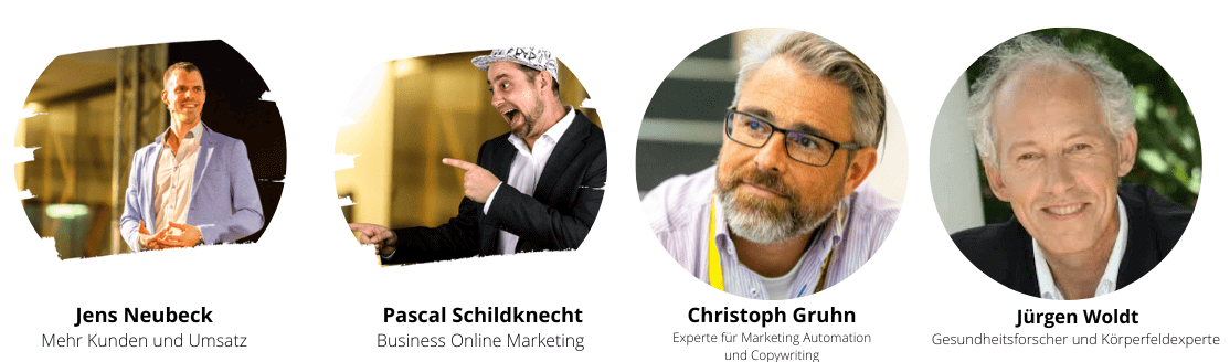Kongresspaket Interviews – Videokurs zu innerer Freiheit 6 Vier Experten-Porträts: Jens Neubeck, Pascal Schildknecht, Christoph Gruhn, Jürgen Woldt mit Namen und Spezialisierungen
