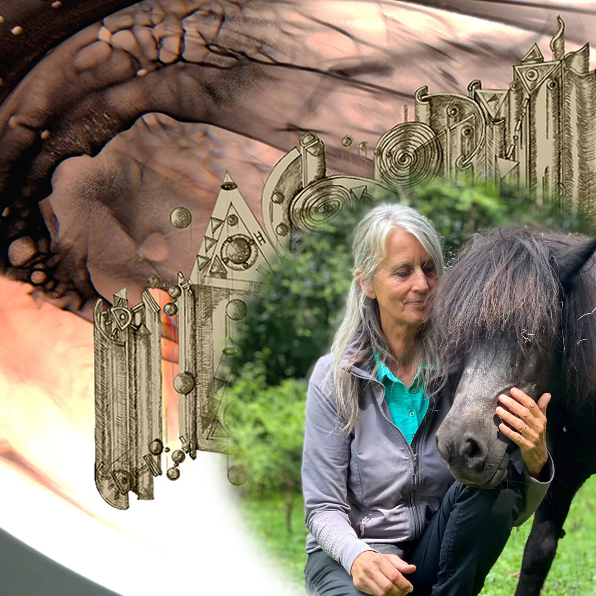 Stephanie Barth mit schwarzem Pferd, mystische Grafik-Overlay mit Symbolen
